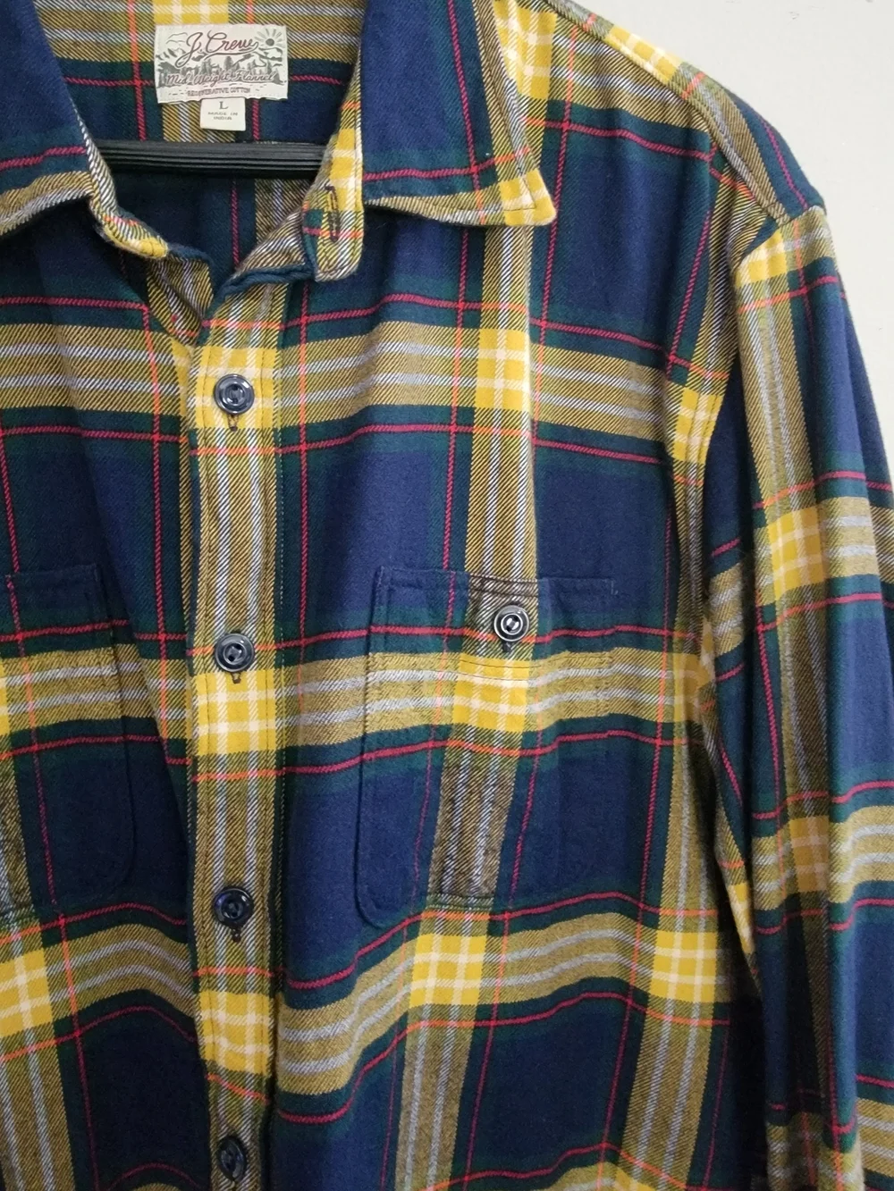 J. Crew Men's Navy and Yellow Plaid Button-Down Shirt Size Slim Large